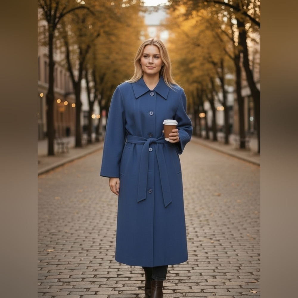 Vintage 1970s Sears Women's Coat, Blue  Spring/Fall Trench Coat Button Down Sz M